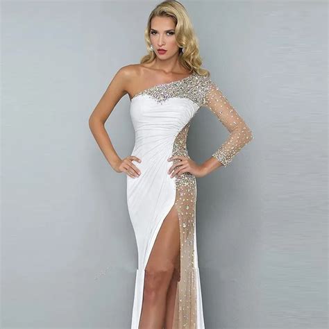 Sexy high split white long sleeve prom dresses 2015 one shoulder beaded ...