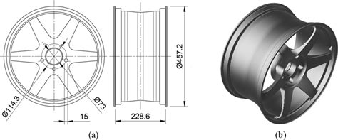 (a) Rim wheel design in 2D and (b) rim wheel in 3D. All sizes are in mm. | Download Scientific ...