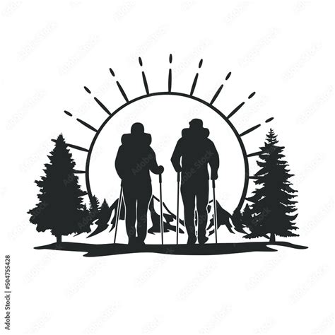 Hiking Couple Illustration Clip Art Design Shape. Mountains Silhouette Icon Vector. Stock ...