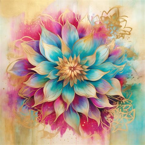 Premium AI Image | Painting of a flower with a gold border and a blue center generative ai