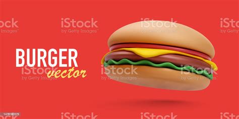 Fast Food Banner With 3d Realistic Flying Burger With Shadow Isolated On Red Background Vector ...