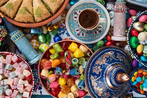 Turkish Coffee in the Colorful Ramadan Eid Candy and Chocolate, Traditional Ottoman Cuisine ...