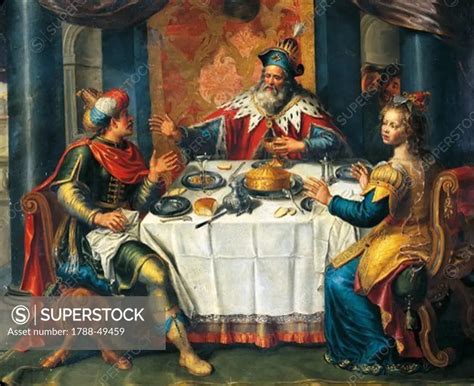 The banquet given by King Ahasuerus to Esther and Haman, 17th century, Flemish painting, copper ...