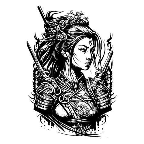 Premium Vector | A fierce japanese samurai girl illustrated in hand drawn line art