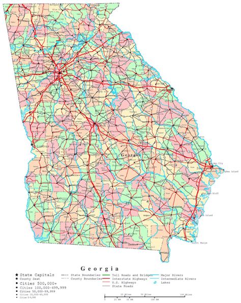 Large administrative map of Georgia state with roads, highways and ...