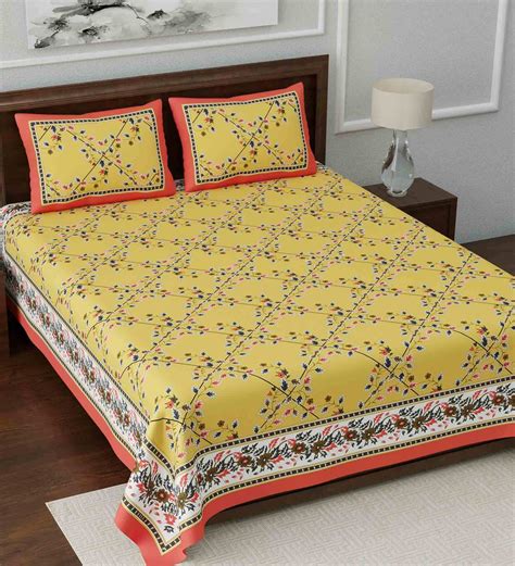 Buy Yellow Floral 108 TC Cotton King Sized Bed Sheets with 2 Pillow Covers by Poorak at 45% OFF ...