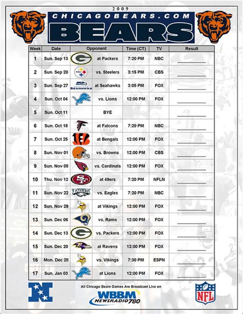 Chicago Bears Schedule Printable | Francesco Printable