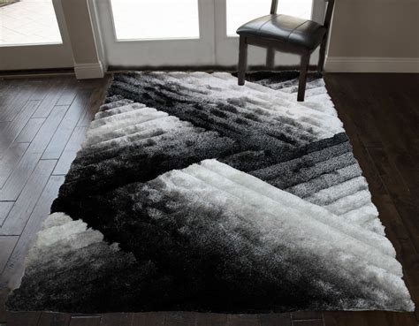 8x10 Feet Large Black White Colors 3D Shag Shaggy Fuzzy Furry Modern Contemporary Decorative ...