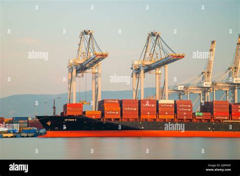 Large cargo ship anchored in container port, February , 2020, (izmit) Kocaeli, Turkey Stock ...