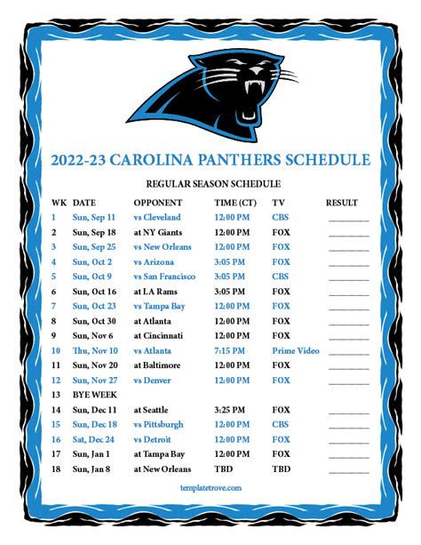 Printable 2022-2023 Carolina Panthers Schedule