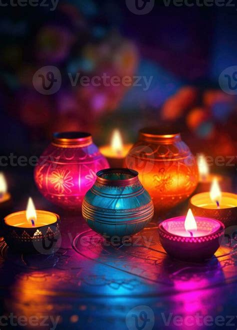 Group of diwali lit lamps on a table on a dark day. Generative AI 26191790 Stock Photo at Vecteezy