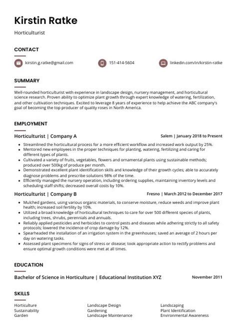 Horticulturist Resume (CV) Example and Writing Guide