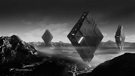 an artistic black and white photo of three futuristic spaceships in the ...