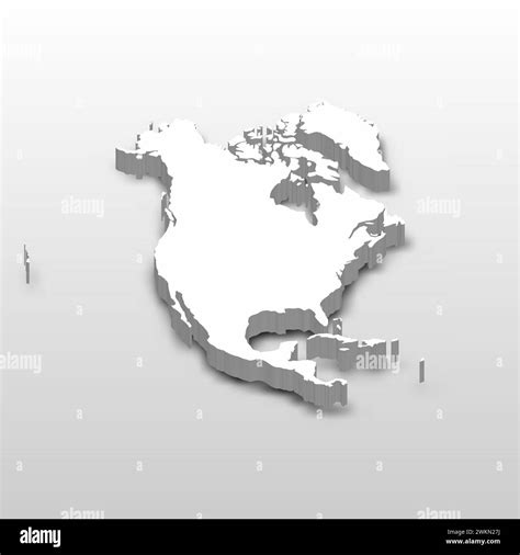 3D map of North America continent. Extruded white vector map with dropped shadow on light gray ...