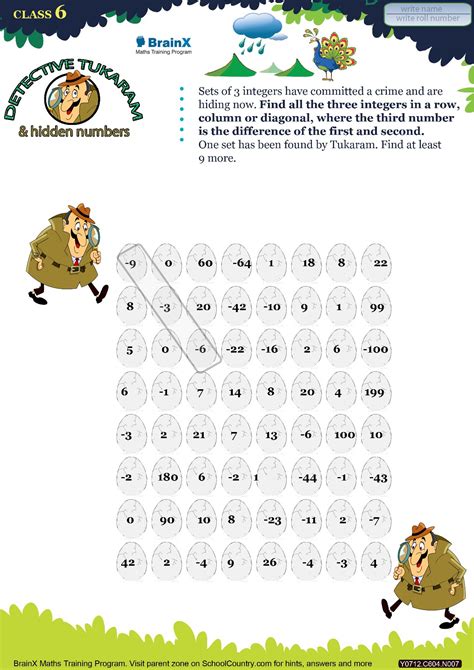 Printable Numbers Math Olympiad Worksheets for kids of Grade 6 - Detective Tukaram and hidden ...