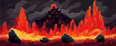 pixel art. hellish lava and fire scene. 8-bit style. | Midjourney