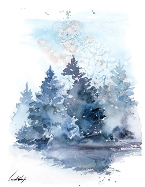 Blue Pine Trees, Christmas artwork, Original Watercolor Painting, Winter Landscape Illustration ...