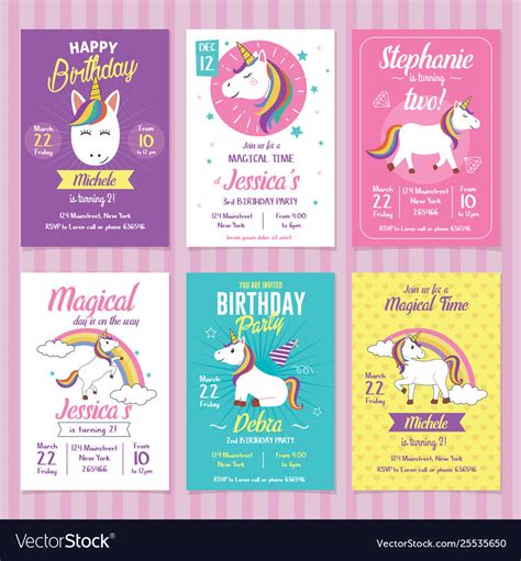 Set unicorn birthday invitation cards Royalty Free Vector