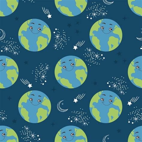 Seamless pattern cartoon Earth planet. Happy globe character in space ...