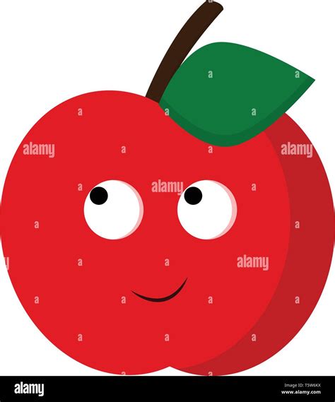 A happy red apple with two eyes and green leaf, vector, color drawing ...