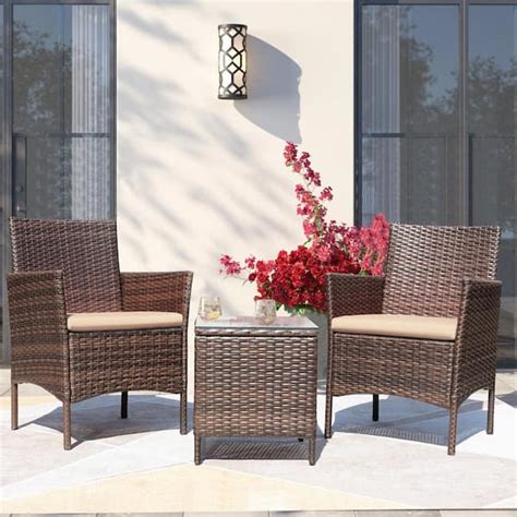 Tozey Brown 3-Pieces Patio Furniture PE Rattan Outdoor Conversation Set ...