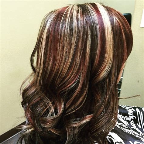 Fun gorgeous color today!! Dark mocha brown with blonde and burgundy ...