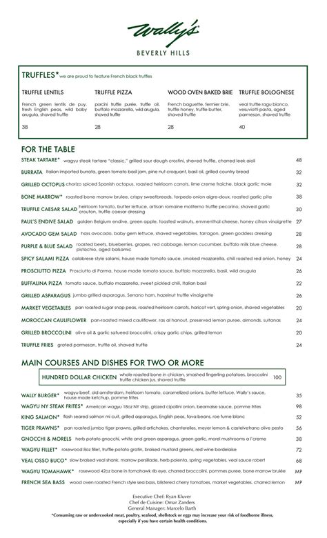 Wally's Wine and Spirits - Beverly Hills Dinner Menu - Page 1