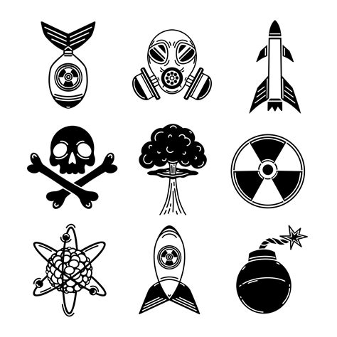 War vector icon set. Armed conflict symbols - nuclear bomb, atomic explosion, missile, radiation ...