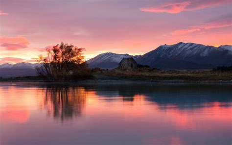 Tekapo Dawn, pink sunrise, shore, house, riverbank, sunset, cabin ...