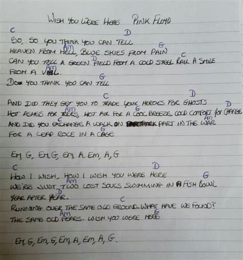 Chords & Lyrics Wish You Were Here by Pink Floyd Here Lyrics, Song ...