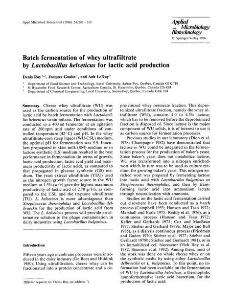 (PDF) Batch Fermentation of Whey Ultrafiltrate by Lactobacillus helveticus for Lactic Acid ...