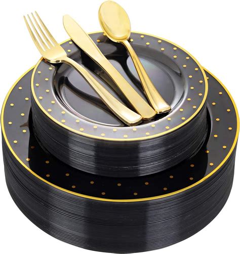 Amazon.com: DaYammi 200Pcs Black and Gold Plates Black Plastic ...