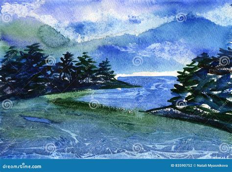 Watercolor Illustration of Mountain River. Stock Illustration - Illustration of decoration ...