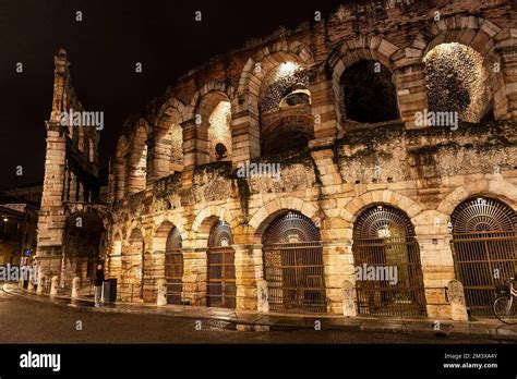 Arena in Verona at night. Verona amphitheater at night. The Verona ...