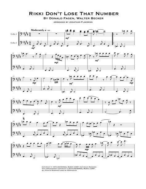 Rikki Don't Lose That Number (arr. Jonathan Flaksman) Sheet Music | Steely Dan | Cello Duet