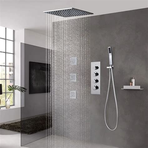 Modern Style 16" Polished Chrome Square Rain Shower System with Handheld Shower & 3 B ...