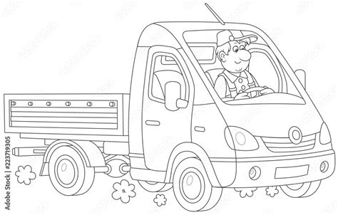 Driver in his small fast truck, black and white vector illustration in a cartoon style vector de ...