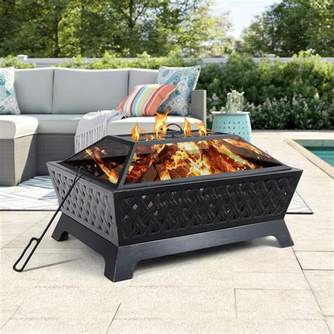 MF Studio 34"*24" Extra Large Metal Iron Rectangular Fire Pit Deep Wood Burning Fireplace with ...