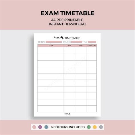 Exam Timetable A4 PDF Printable - Etsy UK