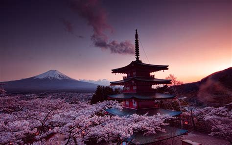 Download wallpapers Japan, Churei Tower, Fujiyama, sunset, japanese landmarks, Asia, Mount Fuji ...