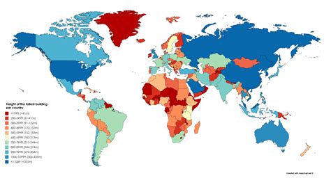 [OC] The height of the tallest building per country [6460x3495] : MapPorn