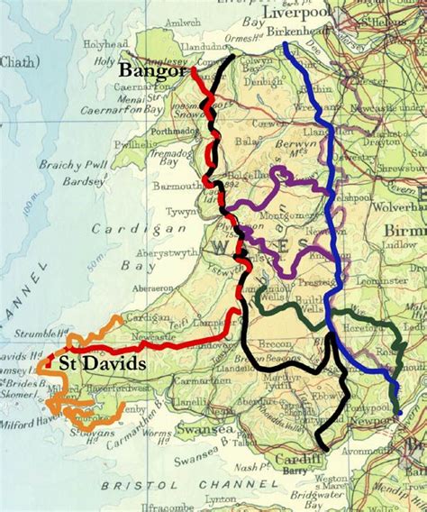 TRAILS OF WALES. 1) Pembrokeshire coastal path - orange. 2) St Davids walk (The Cathedral way ...