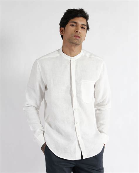White linen band collar slim fit shirt by Dhatu Design Studio | The Secret Label