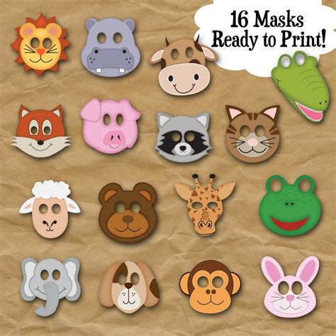 Animal Face Masks Photo Booth Props Printable Masks 16 Full Page Full ...