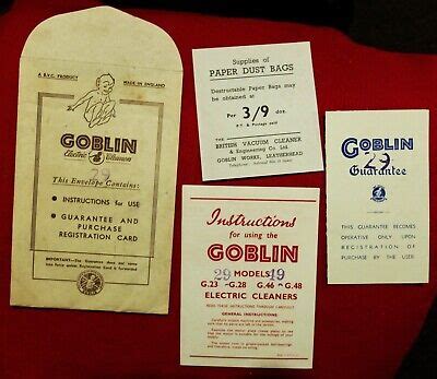 Goblin vacuum cleaner instructions etc Models G 23, 28, 46, 48 vintage ...