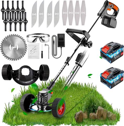 Metal Blade Cordless Strimmer 21v Grass Trimmers With 2 Removable Wheels 19 Blades 15cm Cutting ...