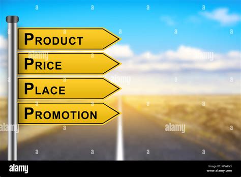 product price place promotion marketing concept words on yellow road sign Stock Photo - Alamy