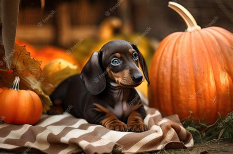 Premium Photo | In the garden there is a dachshund puppy and pumpkins