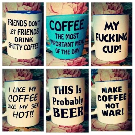 four coffee mugs with different words on them