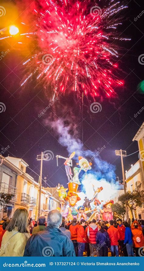 Fireworks at Famous Statue in Valencia, Spain during Las Fallas Festival in Spring Editorial ...